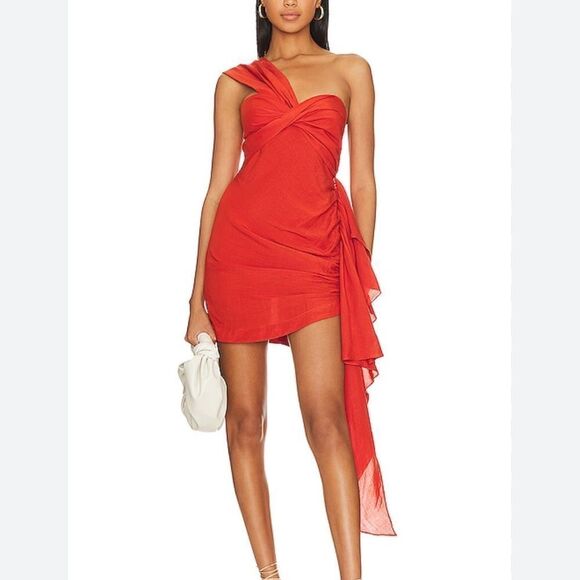 Just Bee Queen Solange Dress Chilli red mini one shoulder draped Revolve S - Picture 1 of 12